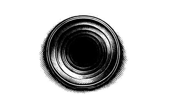 Classic camera lens depicted as an abstract portal, front-facing circular lens with concentric rings transforming into a