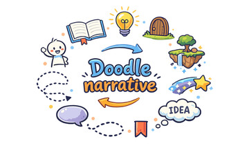 Fototapeta premium Doodle narrative. Hand drawn illustration of Doodle narrative. sketchy character, open notebook, winding arrows, light
