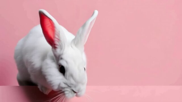 A cute white rabbit peeks over a pink surface, showcasing its fluffy ears and curious expression.