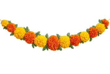 Garland Of Orange And Yellow Marigolds With Green Leaves isolated on a transparent background