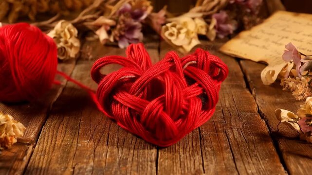 Red yarn unspooling on a rustic wooden table, self weaving into a complex 3D heart shape. 