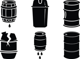 A collection of various barrel icons, including a broken one and those leaking liquid