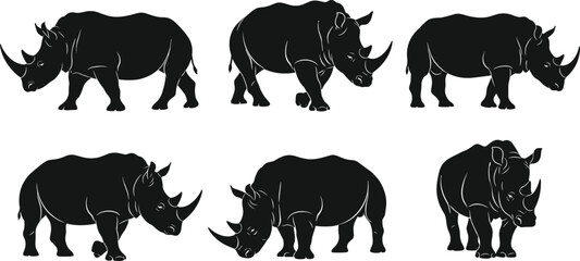 Rhinoceros silhouette set, wild rhino animal collection in different poses African wildlife vector illustration isolated on white background © MDRAKIB