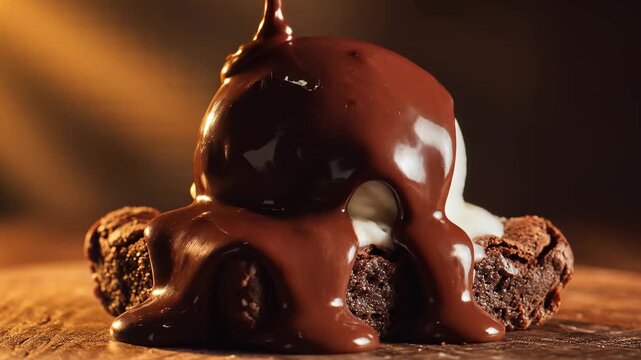 Hot fudge dripping on vanilla ice cream scoop on brownie dessert