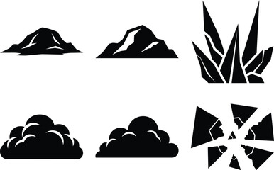 A collection of six black and white silhouette icons depicting natural elements and abstract shapes