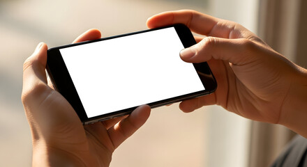 close-up of hands holding a smartphone horizontally with a blank white screen &mdash; perfect for app mockups, video previews, UI demos, or device templates.

