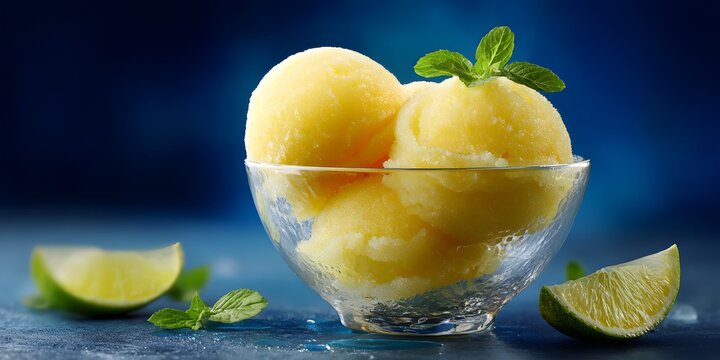 Bowl of frozen sorbet flavored splash of citrus hinted yuzu juice provides instant burst of clarity summer of sweltering heat clean professional stock photo sharp macro photography style cinematic