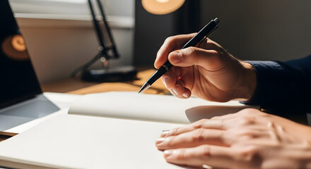 close-up of a hand holding a pen and writing in a notebook next to a laptop &mdash; suited for planning, journaling, meeting notes, creative writing, or productivity workflows.

