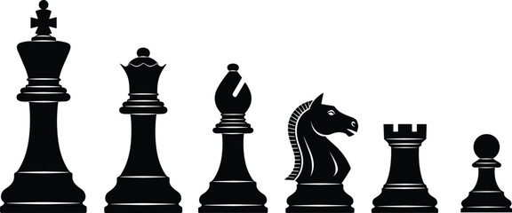 Chess pieces silhouette set, king queen bishop knight rook pawn icons, strategy game symbols, board game vector illustration, isolated design © Rekha