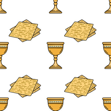 Seamless vector pattern of matzah and kiddush cups for Passover holiday