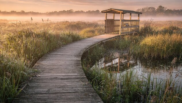 Elevated wooden boardwalk winding through tall reeds with a covered bird hide under golden sunrise light main pathway sharply focused with blurred wetland background.