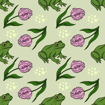 Seamless vector pattern of cute green frogs and pink tulips on a pale green background with abstract dots