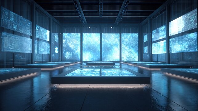 Cyber Command Center: The interior of a futuristic command center, bathed in cool blue hues, showcases interactive displays and expansive windows offering a panoramic view.