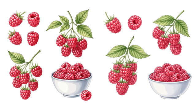 Illustrated set of ripe red raspberries, individually, on branches with leaves, and in pink bowls.