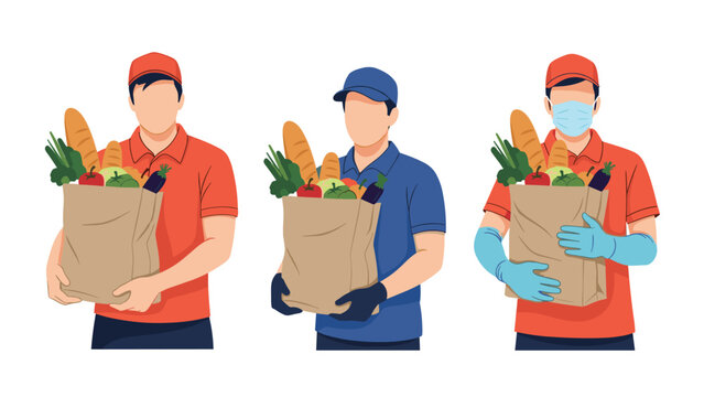 Three delivery workers holding large brown paper bags filled with fresh groceries and bread showing various levels of pandemic protection.
