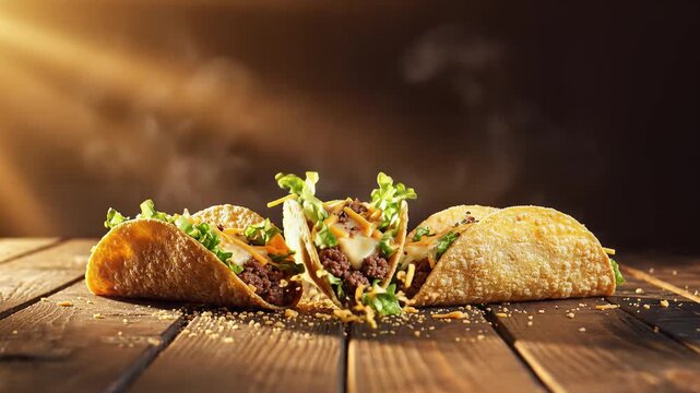 Dynamic shot of three hard-shell tacos falling onto a wooden table