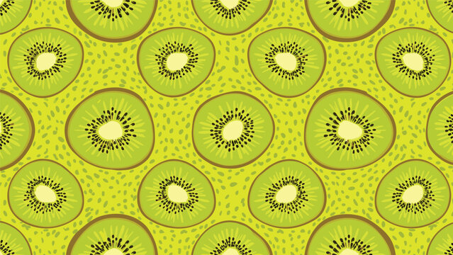 Seamless pattern background of fresh green kiwi fruit slices showing the inner texture and seeds for healthy food and diet concepts.