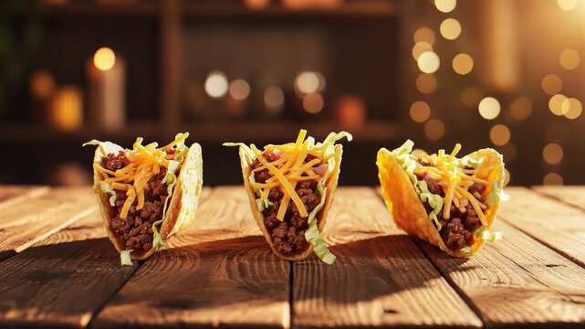 Three delicious hard shell tacos steaming on dark rustic wooden table