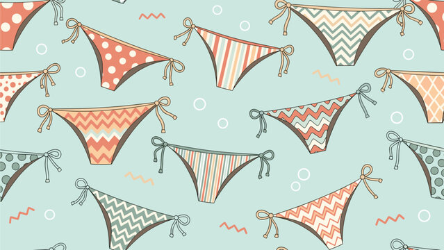 Seamless pattern design featuring various colorful bikini bottoms with different patterns like polka dots stripes and zigzags on blue background.