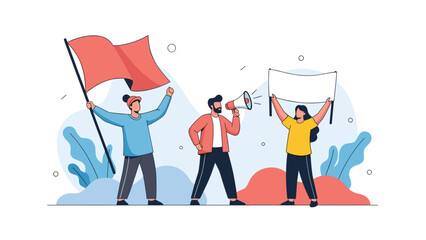 Group of activists protesting with a red flag a megaphone and a blank banner to advocate for social change human rights and political freedom.