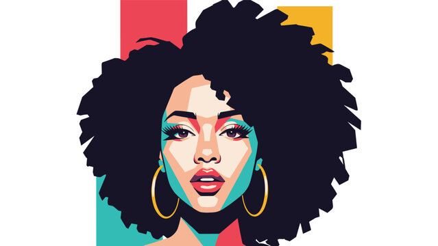 Vibrant stylized portrait of a beautiful African American woman with an afro hairstyle and gold hoop earrings in a modern pop art style.