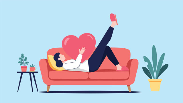 Woman relaxing on a pink sofa while hugging a large red heart symbolizing self-love comfort and emotional well-being at home.