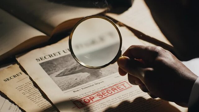 Secret document with magnifying glass, top secret information, non-terrestrial origin