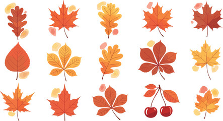 Fototapeta premium Expanded Autumn Leaves Watercolor Vector Set with Maple Oak Chestnut Foliage and Fall Berries for Seasonal Design