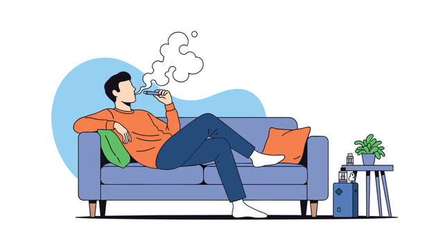 Relaxed man sits on a blue sofa and uses an electronic cigarette as a large cloud of white smoke rises above him in the room.