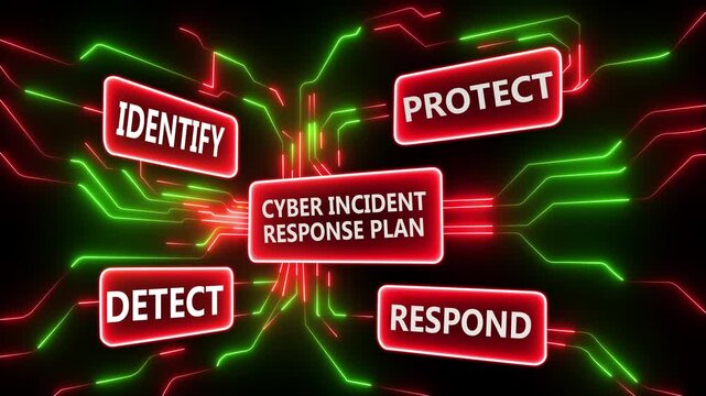 Illustration of a cyber incident response plan with interconnected processes such as identify, protect, detect, and respond, depicted in vibrant neon colors against a dark background for cybersecurit