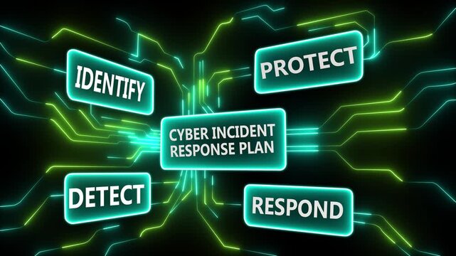 Illustration of a cyber incident response plan with interconnected processes such as identify, protect, detect, and respond, depicted in vibrant neon colors against a dark background for cybersecurit