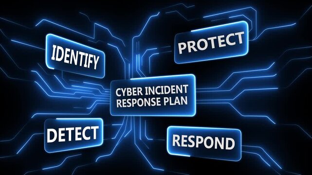 Illustration of a cyber incident response plan with interconnected processes such as identify, protect, detect, and respond, depicted in vibrant neon colors against a dark background for cybersecurit