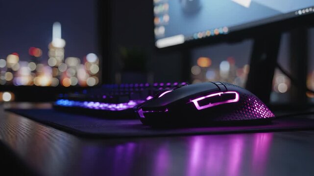 Close-up of a gaming mouse with purple backlight on a desk against a blurred cityscape background with a monitor.