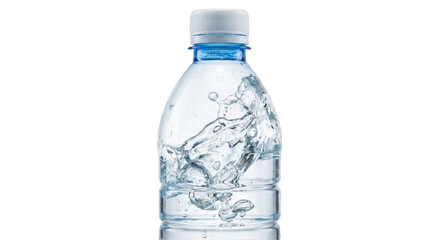 Fototapeta premium Clear plastic water bottle with splashing liquid inside captured mid motion with a white cap isolated on transparent background