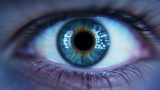 A close-up of a human eye with intricate details in shades of blue, with a reflective pixelated image