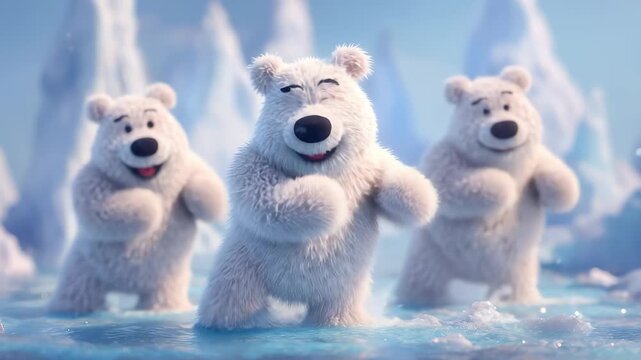 Polar bears dance on ice in a bright Arctic landscape during the day with clear skies