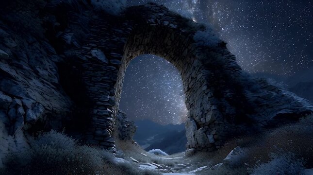 A serene nighttime scene of a snow-covered stone archway standing alone in a mountainous landscape