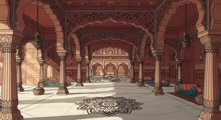 Ornate interior of a grand hall featuring intricate architectural details and sunlight shafts