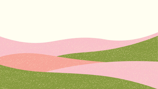 Abstract pink spring landscape. Rural field texture. Flower plantations. Hills in forest. Panoramic eco agro collage. Nature vector illustration. Horizontal landscape background. Colorful poster.