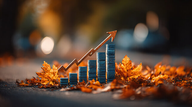 Blue glass block financial arrow rising over autumn leaves, copper rust tones, golden hour, high‑saturation commercial advertising visual