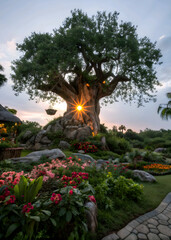 japanese garden with tree and flowers