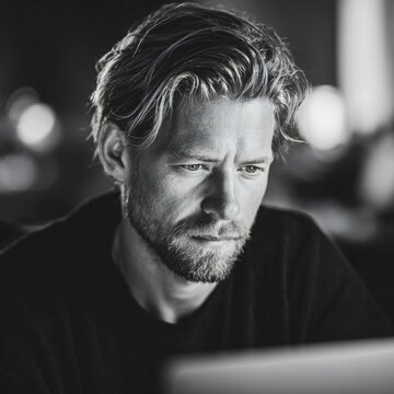 Professional coder focused at workstation under soft octabox lighting, shallow depth of field, matte finish