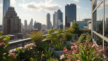 Fototapeta premium A serene rooftop garden with lush greenery vibrant flowers overlooking a bustling cityscape