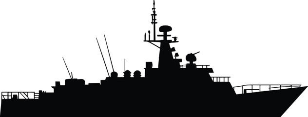 Silhouette of modern naval warship icon with radar domes, antennas, gun turret, angular deck structures, and combat-ready design © Nishat's World
