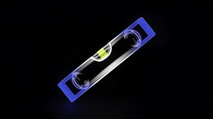 Close-up of a digital level tool with bright blue frame and green bubble, isolated on a black background