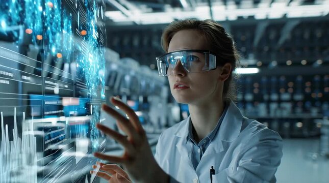 Russian scientist, Slavic appearance, working in high-tech laboratory, interacting with artificial intelligence system, glowing digital interface, holographic data projections, graphs, neural network 