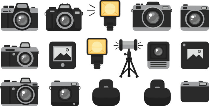 Professional photography equipment icons set featuring modern digital cameras with external flash and studio tripod for creative media projects