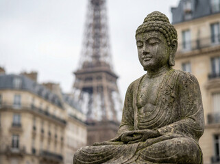Fototapeta premium Estátua de Buda em meditação com Torre Eiffel ao fundo em Paris