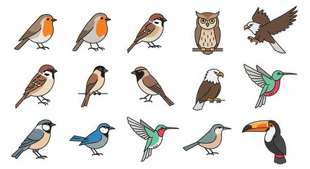Obraz premium Collection of various colorful bird species depicted in a simplified cartoon style against a white background
