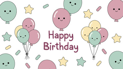 Kawaii Happy Birthday Greeting Card with Pastel Balloons